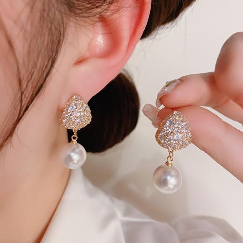 Cubic Zirconia Micro Pave Brass Earring, with Plastic Pearl, real gold plated, micro pave cubic zirconia & for woman 