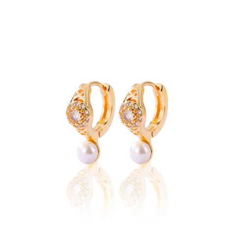 Cubic Zirconia Micro Pave Brass Earring, with Plastic Pearl, plated & micro pave cubic zirconia & for woman, gold 