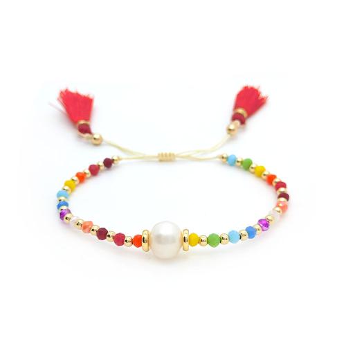 Brass Bracelets, with Wax Cord & Cotton & Freshwater Pearl & Crystal, fashion jewelry & for woman 