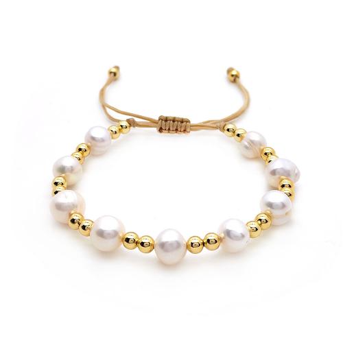 Brass Bracelets, with Wax Cord & Freshwater Pearl, Bohemian style & for woman, golden Approx 28 cm 