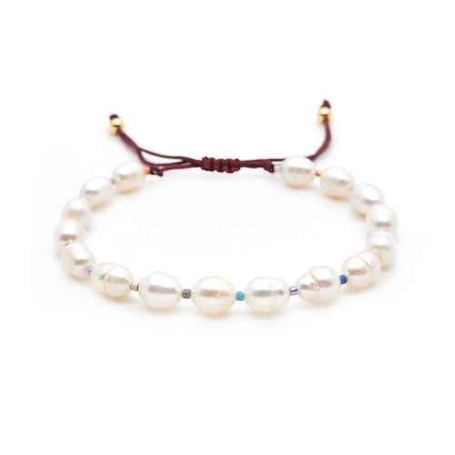 Brass Bracelets, with Seedbead & Wax Cord & Shell & Freshwater Pearl & for woman 