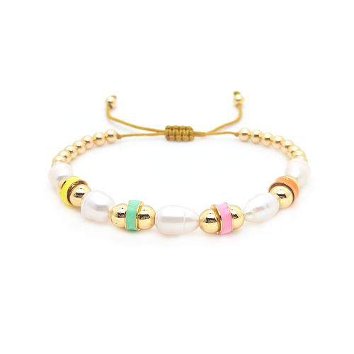 Brass Bracelets, with Wax Cord & Freshwater Pearl, for woman & enamel 