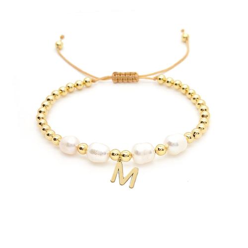 Brass Bracelets, with Wax Cord & Freshwater Pearl, letters are from A to Z & for woman, golden 