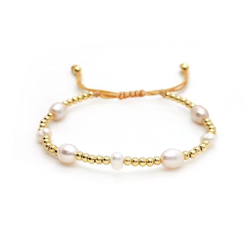 Brass Bracelets, with Wax Cord & Freshwater Pearl, fashion jewelry & for woman, golden 