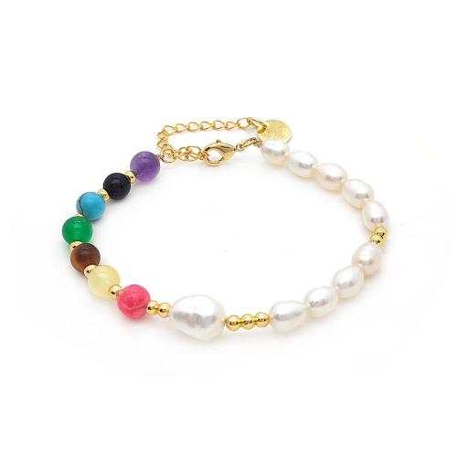 Brass Bracelets, with Natural Stone & Freshwater Pearl, fashion jewelry & for woman, golden 