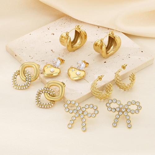 Stainless Steel Rhinestone Stud Earring, 304 Stainless Steel, with Plastic Pearl, Vacuum Ion Plating & for woman & with rhinestone 