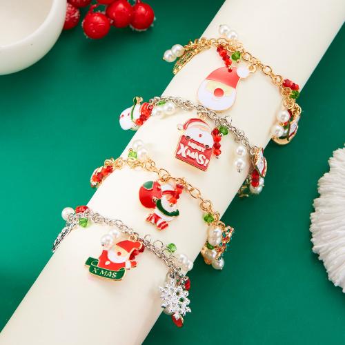 Zinc Alloy Christmas Bracelet, with Plastic Pearl, Vacuum Ion Plating, Christmas Design & enamel & with rhinestone 