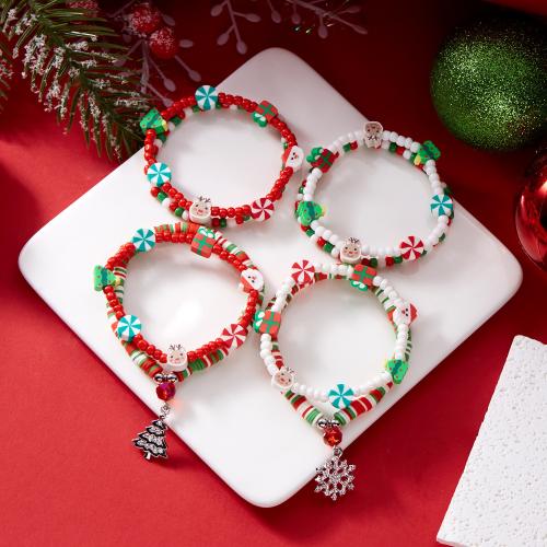 Zinc Alloy Christmas Bracelet, with Seedbead & Polymer Clay, Vacuum Ion Plating, Christmas Design & with rhinestone 