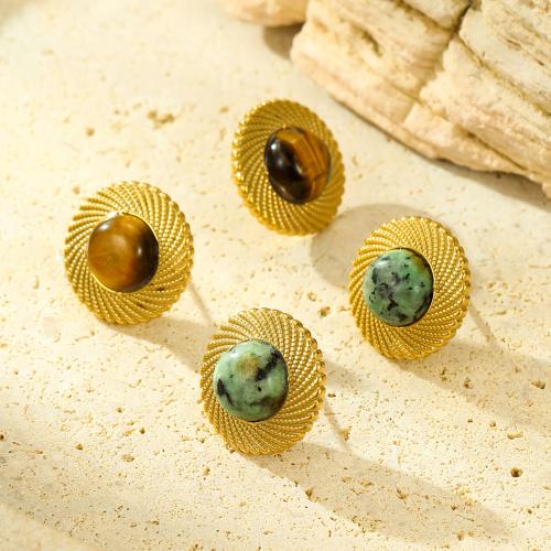 Stainless Steel Stud Earring, 304 Stainless Steel, with Natural Stone, Round, fashion jewelry & for woman, golden, 19mm 