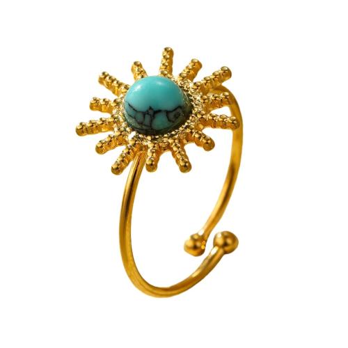 Gemstone Stainless Steel Finger Ring, 304 Stainless Steel, with turquoise, 18K gold plated, fashion jewelry & for woman, golden [