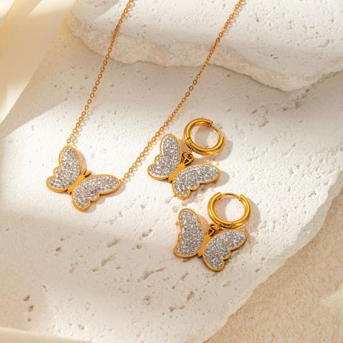 Cubic Zirconia Stainless Steel Jewelry Sets, 304 Stainless Steel, with 5cm extender chain, Butterfly & micro pave cubic zirconia & for woman, golden Approx 40 cm [