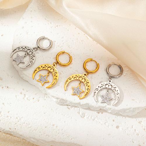 Huggie Hoop Drop Earring, 304 Stainless Steel, Moon and Star, fashion jewelry & micro pave cubic zirconia & for woman 