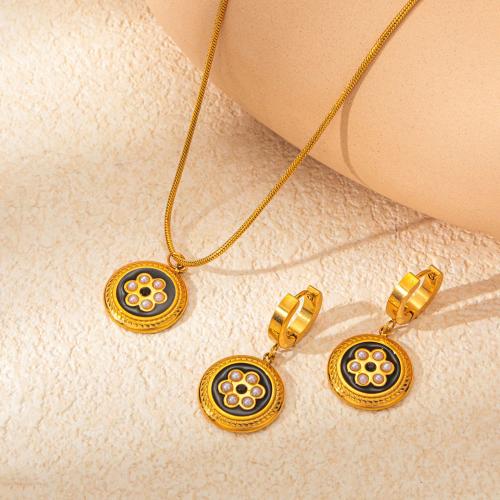 Enamel Stainless Steel Jewelry Sets, 304 Stainless Steel, with Plastic Pearl, with 5.5cm extender chain, Round, 2 pieces & for woman, golden Approx 40 cm 