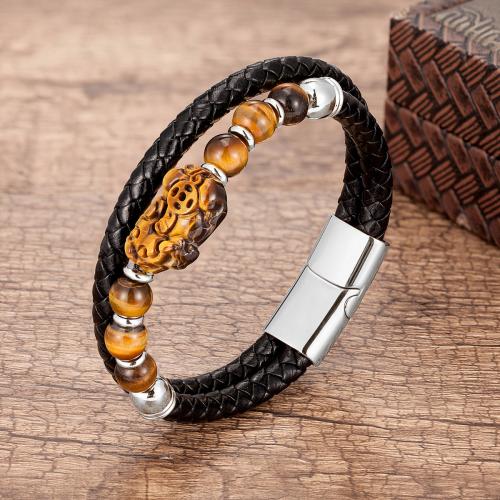 bracelet de cordon en PU , cuir PU, avec Pierre naturelle & Acier inoxydable 304, Placage ionique sous vide, bijoux de mode & unisexe, plus de couleurs à choisir Environ 21 cm, Vendu par PC