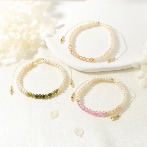 Cultured Freshwater Pearl Bracelets, with Knot Cord & Cubic Zirconia, Adjustable & fashion jewelry & for woman Approx 16-22 cm 