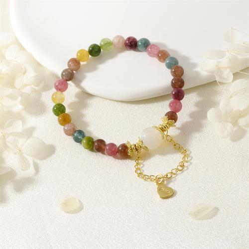 Bracelet de tourmaline, avec laiton, Placage de couleur d'or, bijoux de mode & pour femme, multicolore Environ 16-17 cm, Vendu par PC[