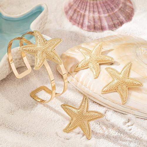 Fashion Zinc Alloy Jewelry Sets, Stud Earring & cuff bangle & finger ring, Starfish, plated, for woman, gold 