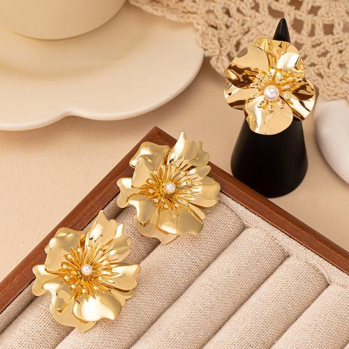 Fashion Zinc Alloy Jewelry Sets, Stud Earring & finger ring, with Plastic Pearl, plated, for woman, gold 