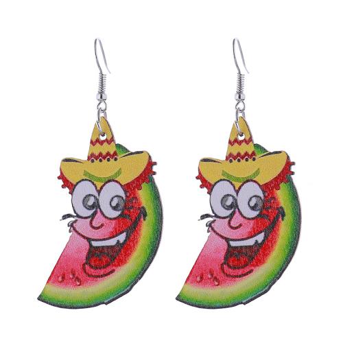 Wood Earring, Zinc Alloy, with Wood, printing & for woman 