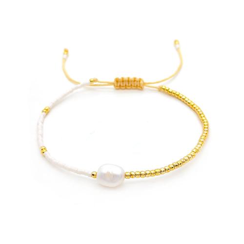 Cultured Freshwater Pearl Brass Bracelet, Glass, with Seedbead & Wax Cord & Freshwater Pearl, fashion jewelry & for woman, golden 