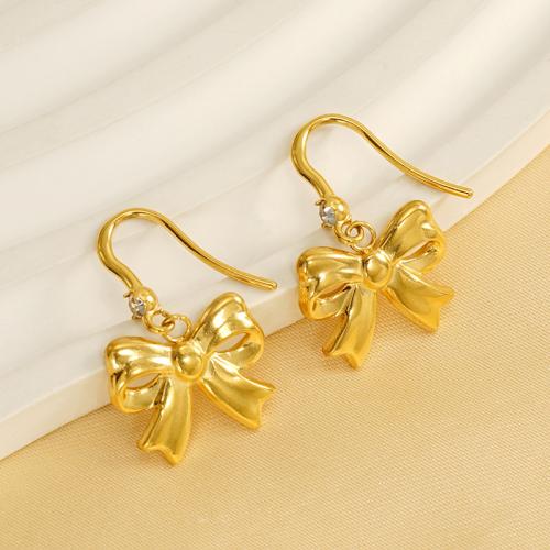 Stainless Steel Drop Earring, 304 Stainless Steel, Bowknot, 18K gold plated, fashion jewelry & for woman & with rhinestone, golden 