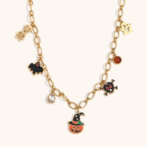 Halloween-Halskette, 304 Edelstahl, mit Verlängerungskettchen von 5cm, 18K vergoldet, Halloween Schmuck & für Frau & Emaille & mit Strass, goldfarben, Länge:ca. 40 cm, verkauft von Strang[