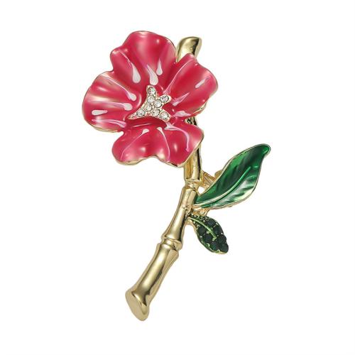 El esmalte Broche, aleación de zinc, Flor, chapado en color dorado, Joyería & con diamantes de imitación, Rojo, 34x51mm, Vendido por UD