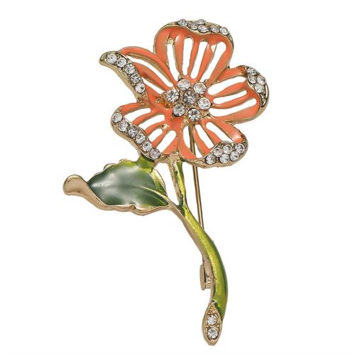 El esmalte Broche, aleación de zinc, Flor, chapado en color dorado, Joyería & con diamantes de imitación, Rosado, 35x53mm, Vendido por UD