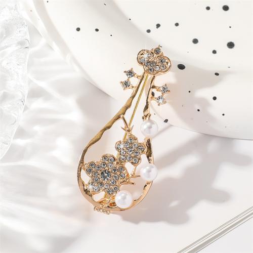 Rhinestone Zinc Alloy Brooch, with Plastic Pearl, Musical Instrument, gold color plated, fashion jewelry & with rhinestone, golden 