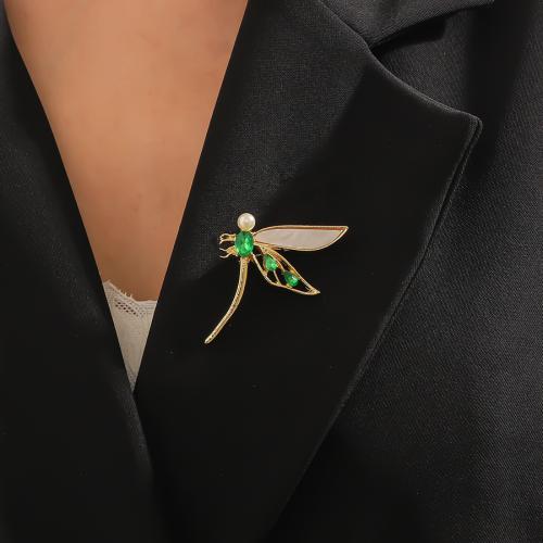 Rhinestone Zinc Alloy Brooch, with Plastic & Plastic Pearl, Dragonfly, gold color plated, fashion jewelry & with rhinestone, golden 