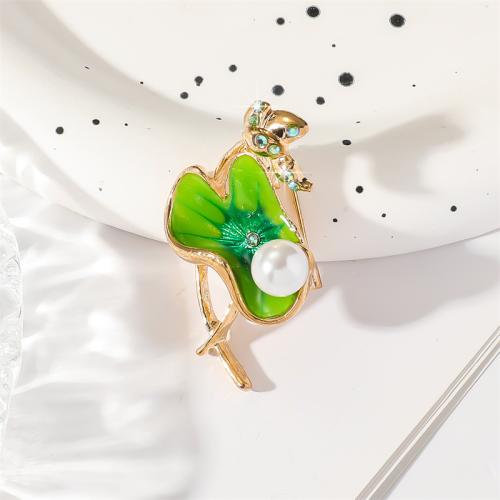 El esmalte Broche, aleación de zinc, con Perlas plásticas, Lotus, chapado en color dorado, Joyería & con diamantes de imitación, verde, 42x25mm, Vendido por UD