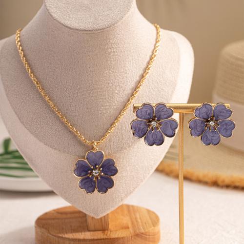 Enamel Zinc Alloy Jewelry Sets, Stud Earring & necklace, petals, plated, micro pave cubic zirconia & for woman, gold 