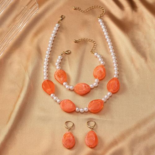 Fashion Zinc Alloy Jewelry Sets, bracelet & earring & necklace, with Gemstone & Plastic Pearl, plated, for woman, gold 