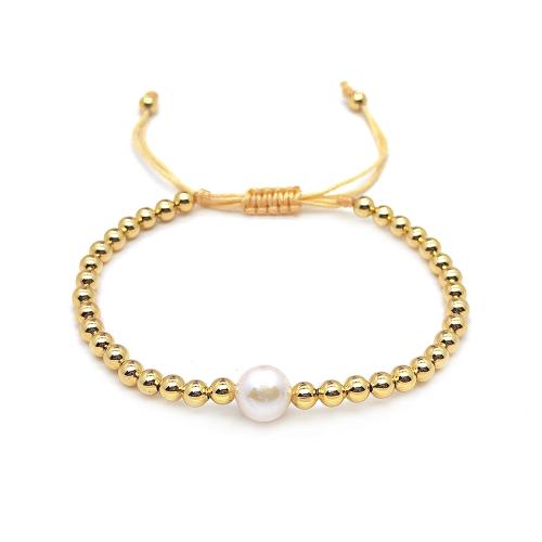 Brass Bracelets, with Wax Cord & Shell & Freshwater Pearl & for woman, golden 