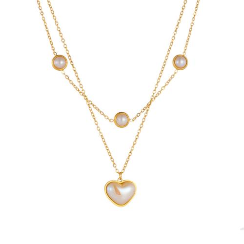 Stainless Steel Jewelry Necklace, 304 Stainless Steel, with Plastic Pearl, with 5cm extender chain, Heart, Double Layer & fashion jewelry & for woman, gold Approx 40.5 cm, Approx 44 cm 