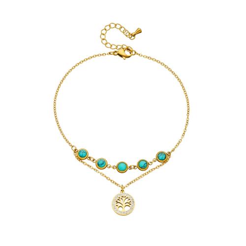 Stainless Steel Anklets Jewelry, 304 Stainless Steel, with turquoise, with 5cm extender chain, fashion jewelry & for woman & with rhinestone, gold Approx 21 cm 