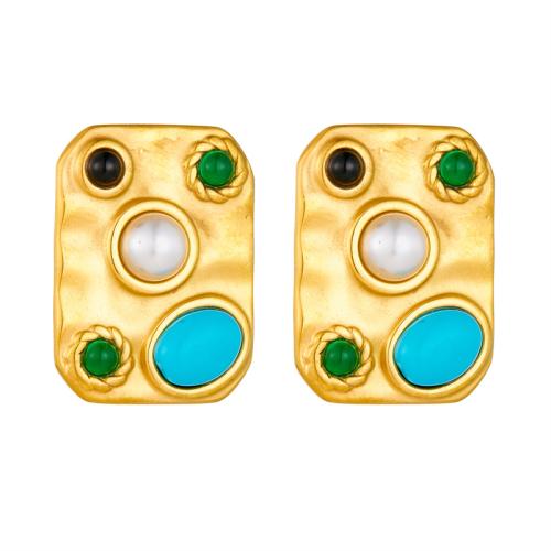 Stainless Steel Stud Earring, 304 Stainless Steel, with turquoise & Plastic Pearl, fashion jewelry & for woman, gold 