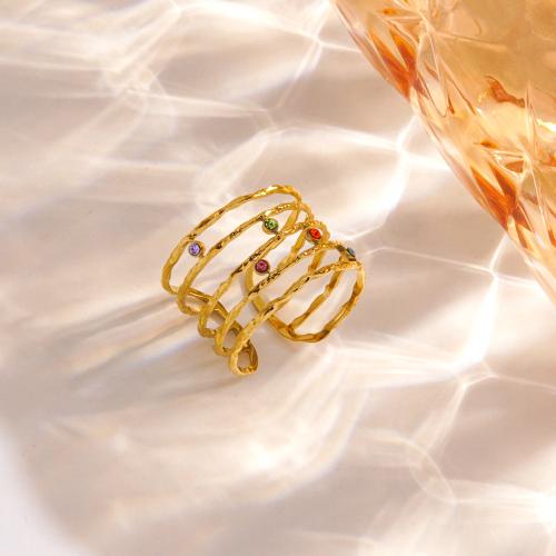 Rhinestone Stainless Steel Finger Ring, 304 Stainless Steel, gold color plated, for woman & with rhinestone 