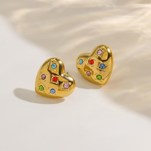 Stainless Steel Rhinestone Stud Earring, 304 Stainless Steel, Heart, gold color plated, for woman & with rhinestone, multi-colored 