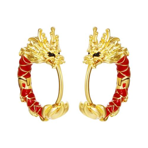 des anneaux de cuivre, laiton, dragon, Placage de couleur d'or, bijoux de mode & émail, doré Vendu par paire[