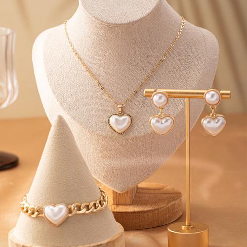 Fashion Zinc Alloy Jewelry Sets, Stud Earring & bracelet & necklace, with Plastic Pearl, plated, for woman, gold 