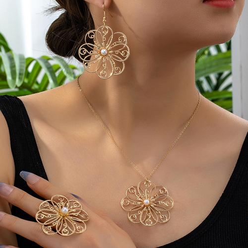 Fashion Zinc Alloy Jewelry Sets, finger ring & earring & necklace, with Plastic Pearl, petals, plated, for woman, gold 