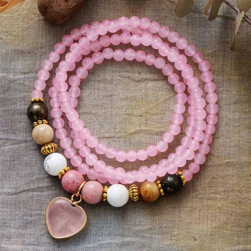 Rose Quartz Necklace, with Zinc Alloy, Heart, Bohemian style & for woman Approx 28-31.5 Inch 