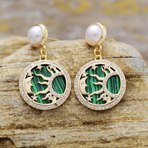 Brass Drop Earring, with Malachite & Plastic Pearl, Round, gold color plated, micro pave cubic zirconia & for woman & hollow, earring length 40-60mm 