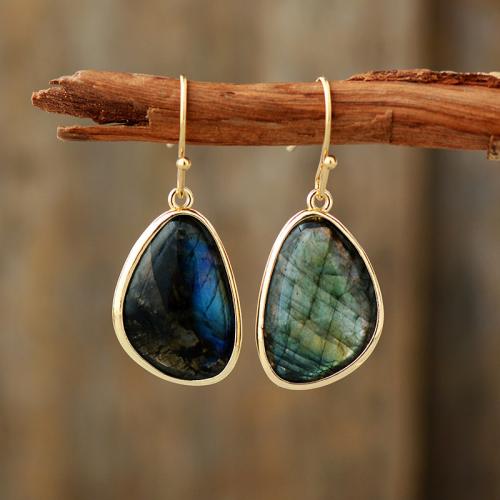 Labradorite Boucle d'oreille goutte, avec laiton, Motif géométrique, Placage de couleur d'or, style folk & pour femme Vendu par paire