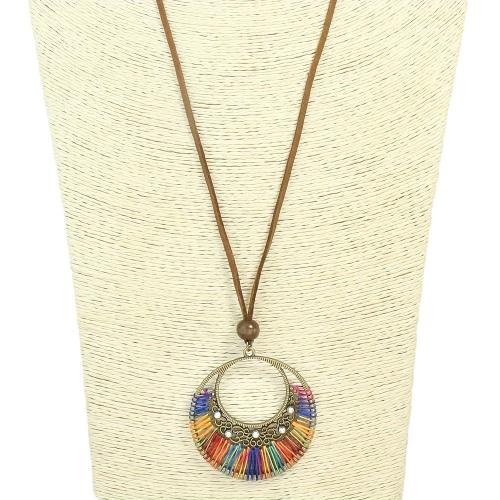 Zinc Alloy Necklace, with Cotton Thread & PU Leather & Wood, plated, vintage & Unisex & with rhinestone & hollow Approx 31.49 Inch 