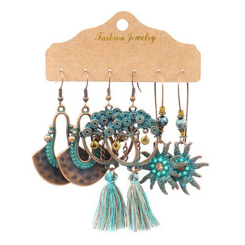 Zinc Alloy Earring Set, with Synthetic Turquoise & Wood, plated, vintage & for woman & hollow 