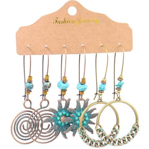 Zinc Alloy Earring Set, with Cotton Thread & Synthetic Turquoise, plated, Bohemian style & for woman & hollow 