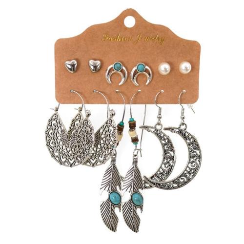 aleación de zinc Aretes, con Turquesa sintético & Perlas plásticas, chapado en color de plata antigua, Estilo bohemio & diferentes estilos para la opción & para mujer & esmalte, Vendido por Set[