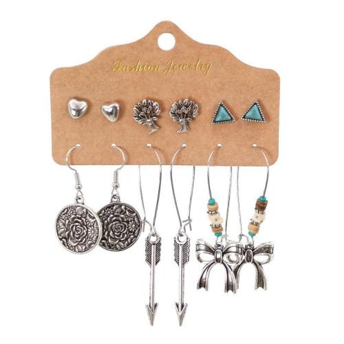 Zinc Alloy Earring Set, with Synthetic Turquoise & Plastic Pearl, antique silver color plated, folk style & for woman, earring length 5-85mm 